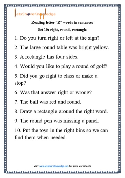  Kindergarten Reading Practice for Letter “R” words in Sentences Printable Worksheets Worksheet