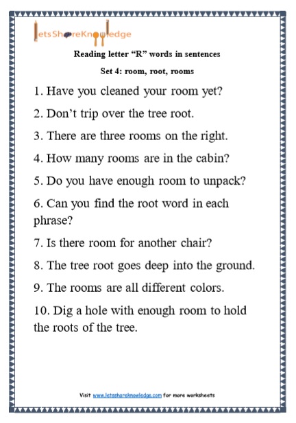  Kindergarten Reading Practice for Letter “R” words in Sentences Printable Worksheets Worksheet 