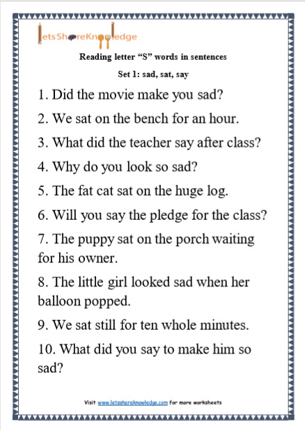  Kindergarten Reading Practice for Letter “S” words in Sentences Printable Worksheets Worksheet