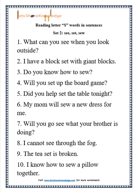  Kindergarten Reading Practice for Letter “S” words in Sentences Printable Worksheets 