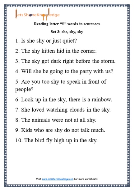 Kindergarten Reading Practice for Letter “S” words in Sentences Printable Worksheets Worksheets