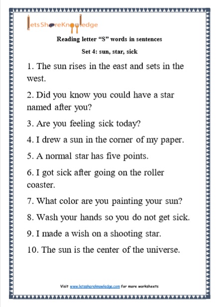  Kindergarten Reading Practice for Letter “S” words in Sentences Printable Worksheets Worksheet 