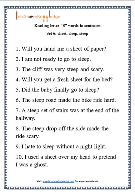  Kindergarten Reading Practice for Letter “S” words in Sentences Printable Worksheets Worksheet