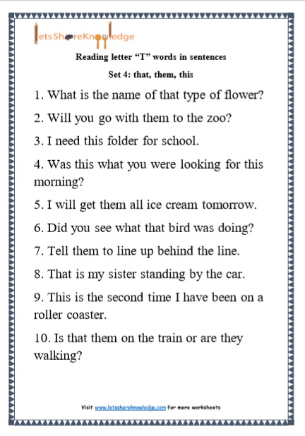 Kindergarten Reading Practice for Letter “T” words in Sentences Printable Worksheets Worksheet 