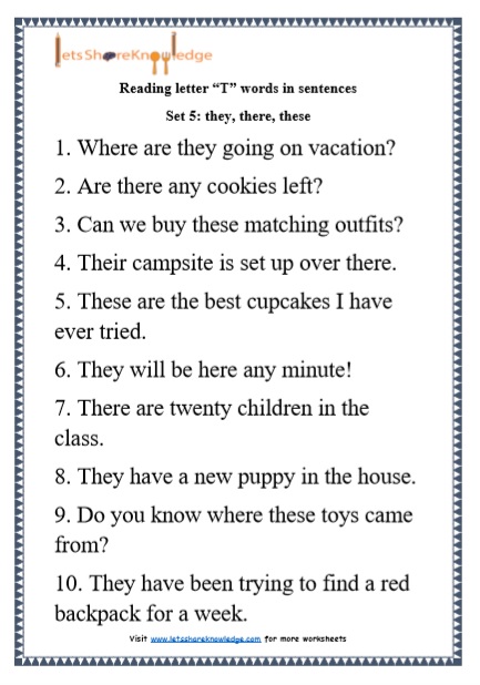  Kindergarten Reading Practice for Letter “T” words in Sentences Printable Worksheets Worksheet
