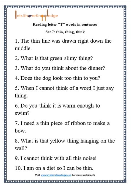  Kindergarten Reading Practice for Letter “T” words in Sentences Printable Worksheets Worksheet