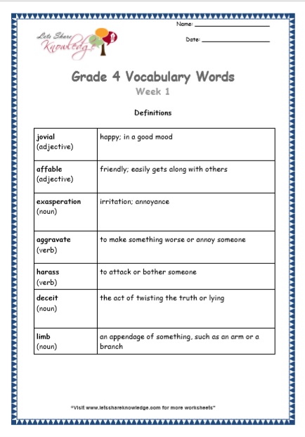 Grade 4 Vocabulary Worksheets Week 1 definitions