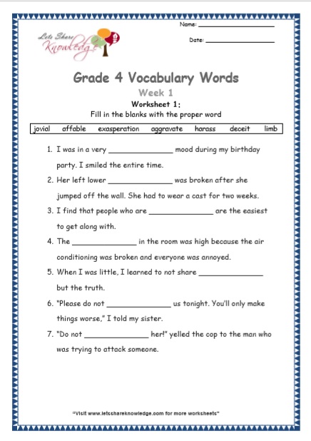 Grade 4: Vocabulary Worksheets Week 1 – Lets Share Knowledge