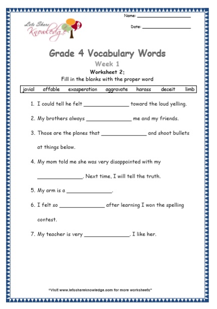 Grade 4 Vocabulary Worksheets Week 1 worksheet 1