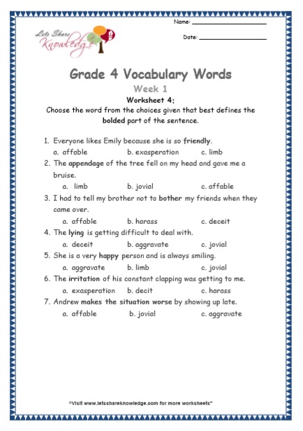  Grade 4 Vocabulary Worksheets Week 1 worksheet 4