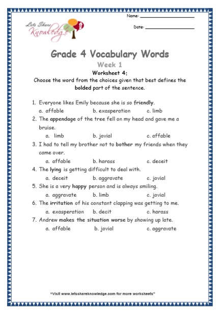 Grade 4: Vocabulary Worksheets Week 1 – Lets Share Knowledge