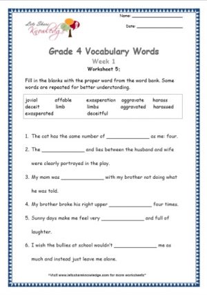 Grade 4: Vocabulary Worksheets Week 1