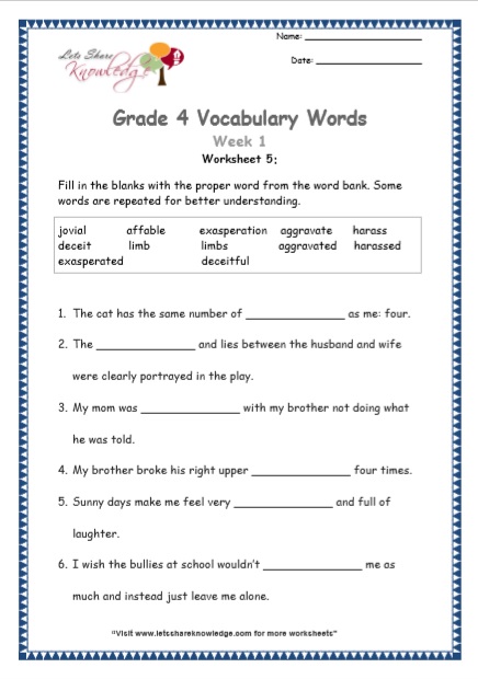  Grade 4 Vocabulary Worksheets Week 1 worksheet 5