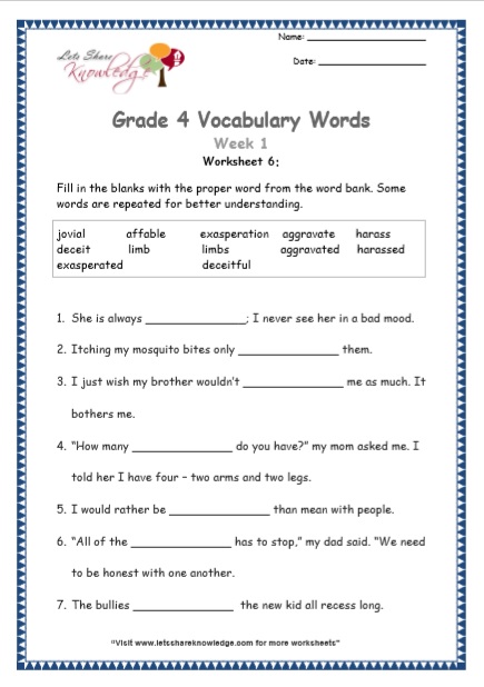  Grade 4 Vocabulary Worksheets Week 1 worksheet 6