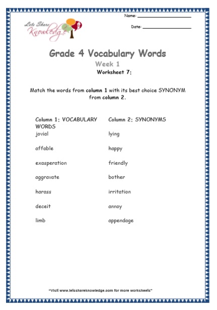  Grade 4 Vocabulary Worksheets Week 1 worksheet 7