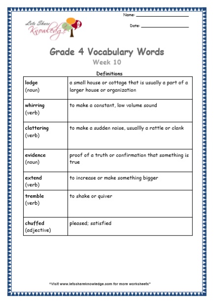 Grade 4 Vocabulary Worksheets Week 10 definitions