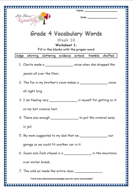 Grade 4 Vocabulary Worksheets Week 10 worksheet 1