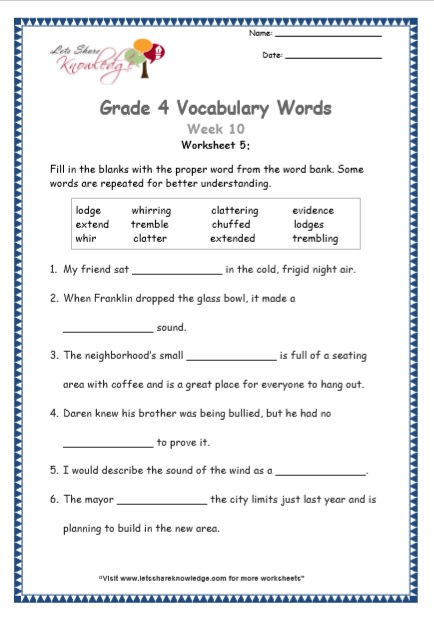 Grade 4: Vocabulary Worksheets Week 10 – Lets Share Knowledge