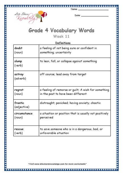 Grade 4 Vocabulary Worksheets Week 11 definitions