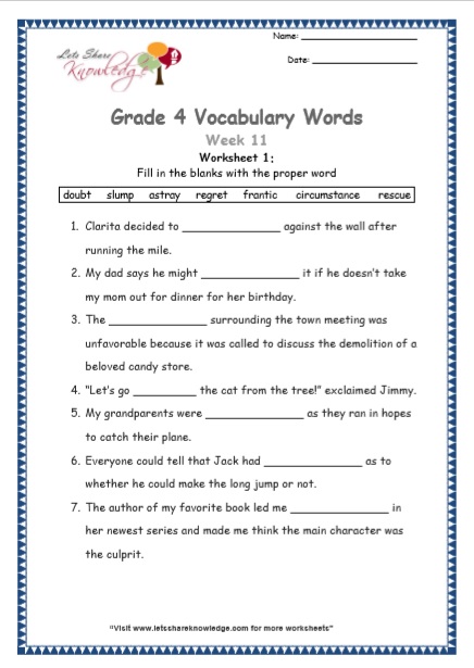 Grade 4 Vocabulary Worksheets Week 11 worksheet 1