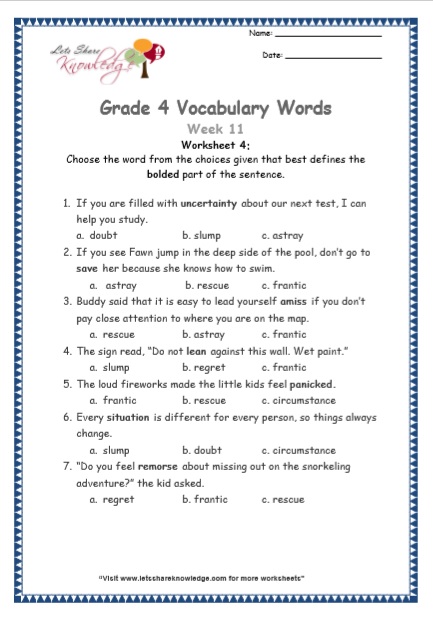  Grade 4 Vocabulary Worksheets Week 11 worksheet 4