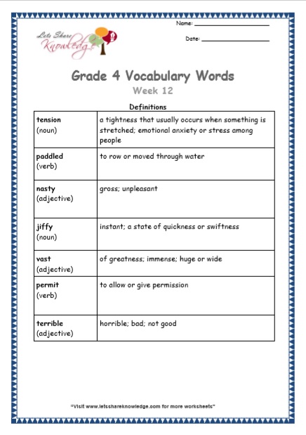 Grade 4 Vocabulary Worksheets Week 12 definitions