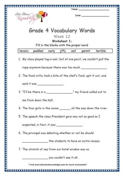 Grade 4 Vocabulary Worksheets Week 12 worksheet 1