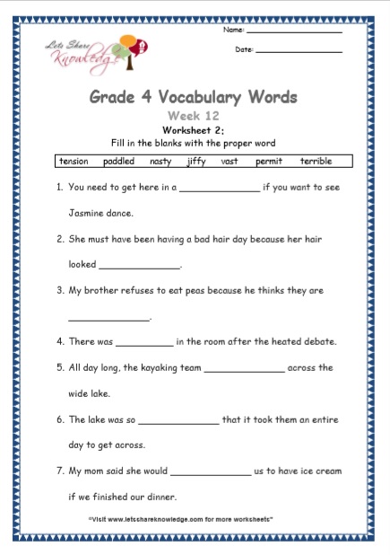 Grade 4 Vocabulary Worksheets Week 12 worksheet 2
