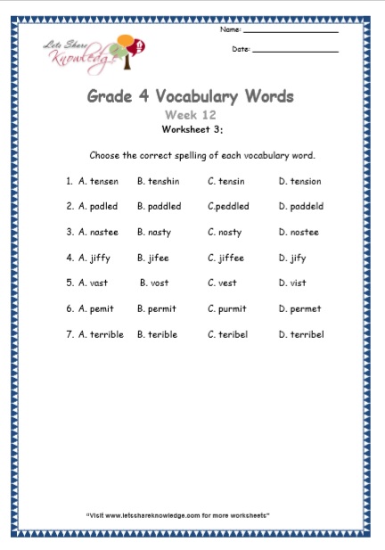  Grade 4 Vocabulary Worksheets Week 12 worksheet 3