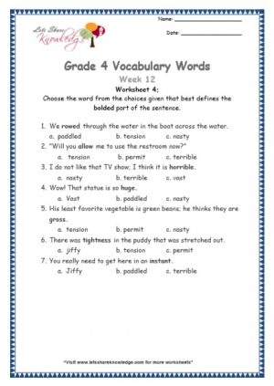 Grade 4: Vocabulary Worksheets Week 12