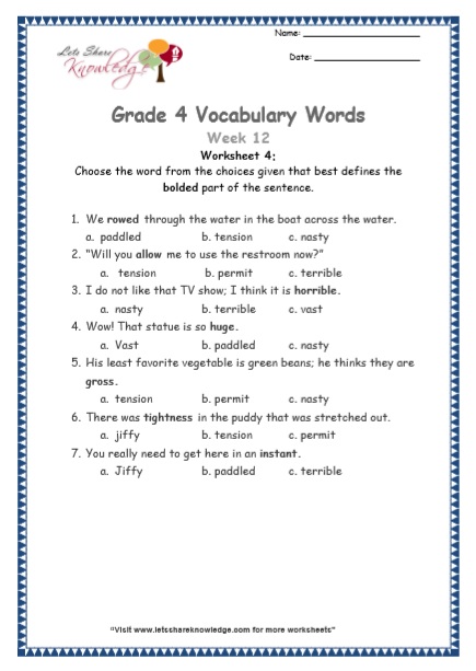 Grade 4: Vocabulary Worksheets Week 12