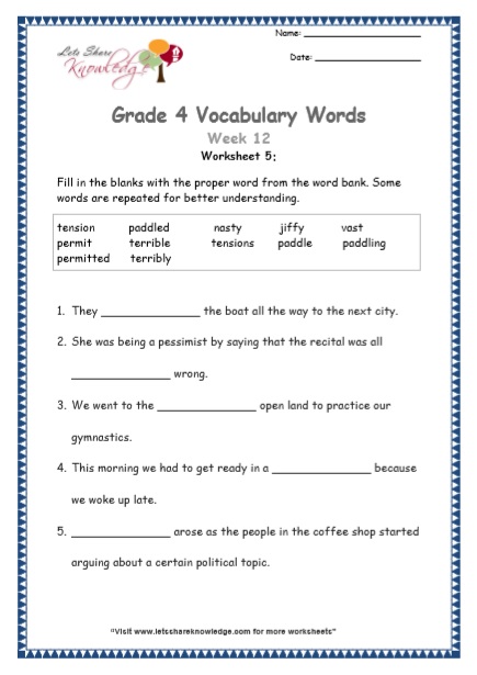  Grade 4 Vocabulary Worksheets Week 12 worksheet 5