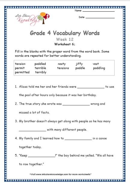  Grade 4 Vocabulary Worksheets Week 12 worksheet 6