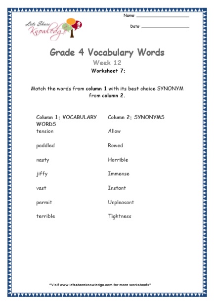  Grade 4 Vocabulary Worksheets Week 12 worksheet 7