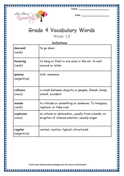 Grade 4 Vocabulary Worksheets Week 13 definitions