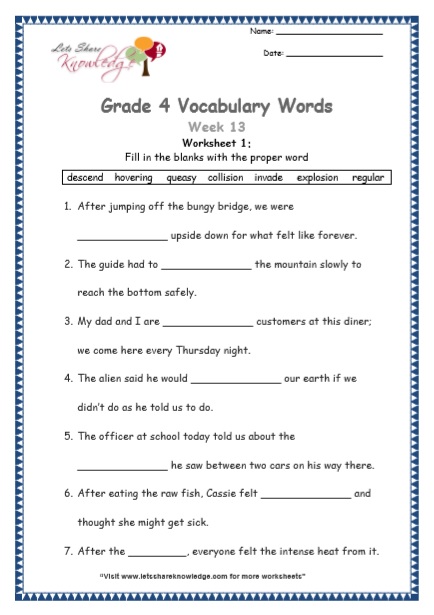 Grade 4 Vocabulary Worksheets Week 13 worksheet 1