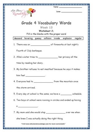 Grade 4: Vocabulary Worksheets Week 13