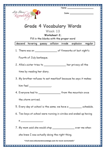 Grade 4: Vocabulary Worksheets Week 13