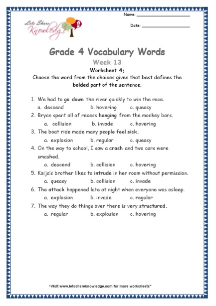  Grade 4 Vocabulary Worksheets Week 13 worksheet 4