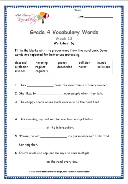 Grade 4 Vocabulary Worksheets Week 13 worksheet 5