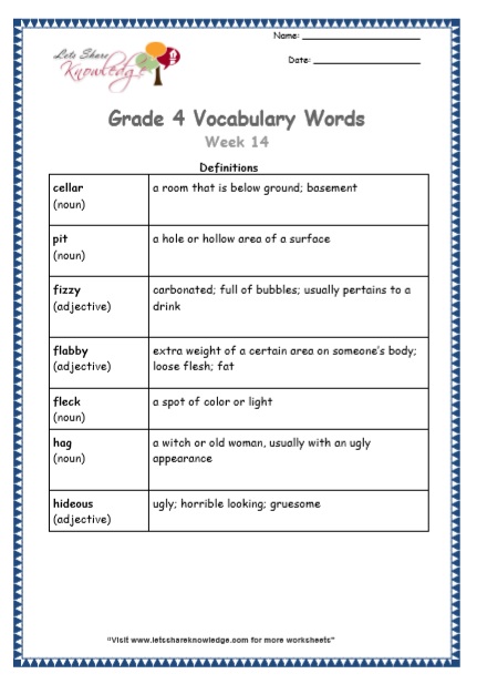 Grade 4 Vocabulary Worksheets Week 14 definitions