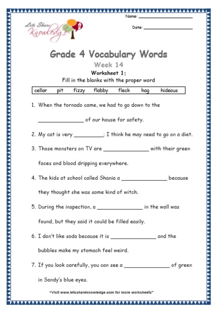 Grade 4 Vocabulary Worksheets Week 14 worksheet 1