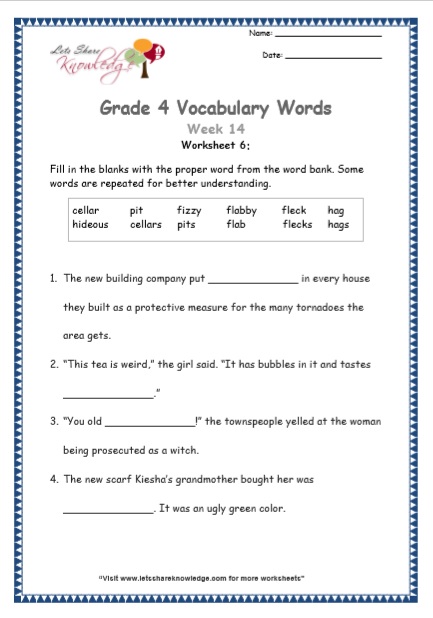  Grade 4 Vocabulary Worksheets Week 14 worksheet 6