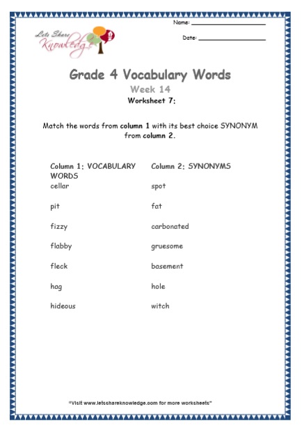  Grade 4 Vocabulary Worksheets Week 14 worksheet 7