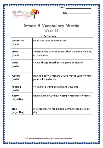 Grade 4 Vocabulary Worksheets Week 15 definitions