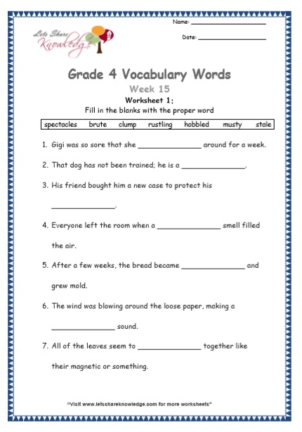 Grade 4 Vocabulary Worksheets Week 15 worksheet 1
