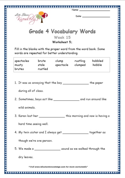  Grade 4 Vocabulary Worksheets Week 15 worksheet 5