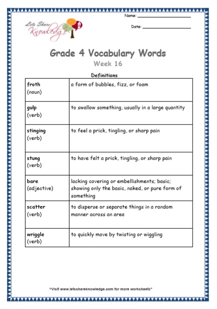 Grade 4 Vocabulary Worksheets Week 16 definitions