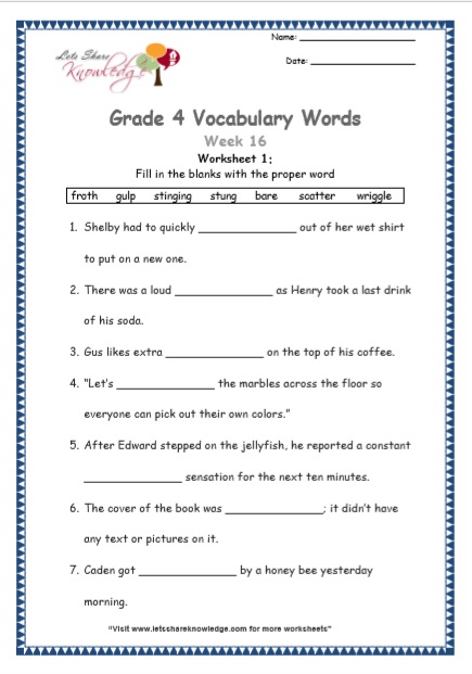 Grade 4 Vocabulary Worksheets Week 16 worksheet 1