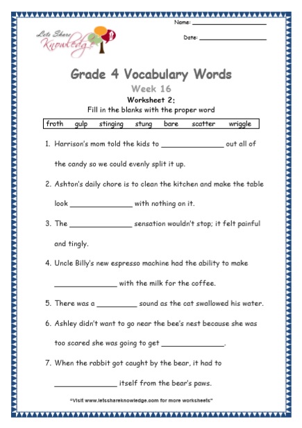 Grade 4 Vocabulary Worksheets Week 16 worksheet 2